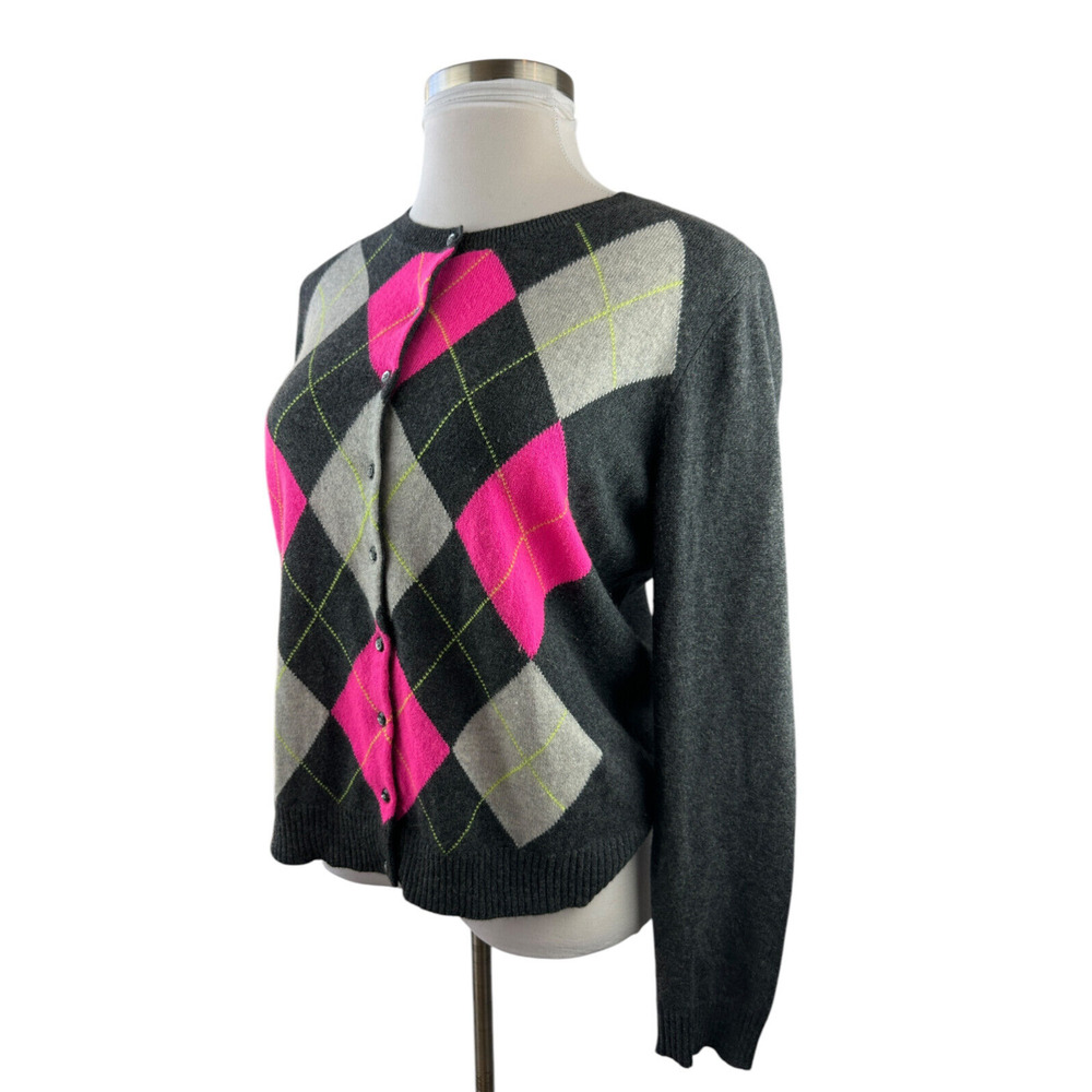 Apt 9 Cashmere Cardigan Sweater Gray Argyle Diamond Button Up Women's Size XL - Picture 6 of 16